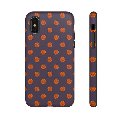 Coque Téléphone Samsung, iPhone & Google Pixel Renforcée Mate – Design Floral Epuré Fleurs de Cosmos Orange sur Fond Couleur Prune | Protection Antichoc | Idée Cadeau Femme