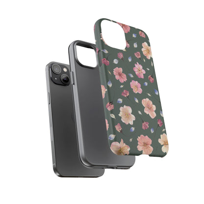 Coque Téléphone Samsung, iPhone & Google Pixel Renforcée Mate – Design Floral Fleurs de Cerisier sur Fond Verte Minéral | Protection Antichoc | Idée Cadeau Femme