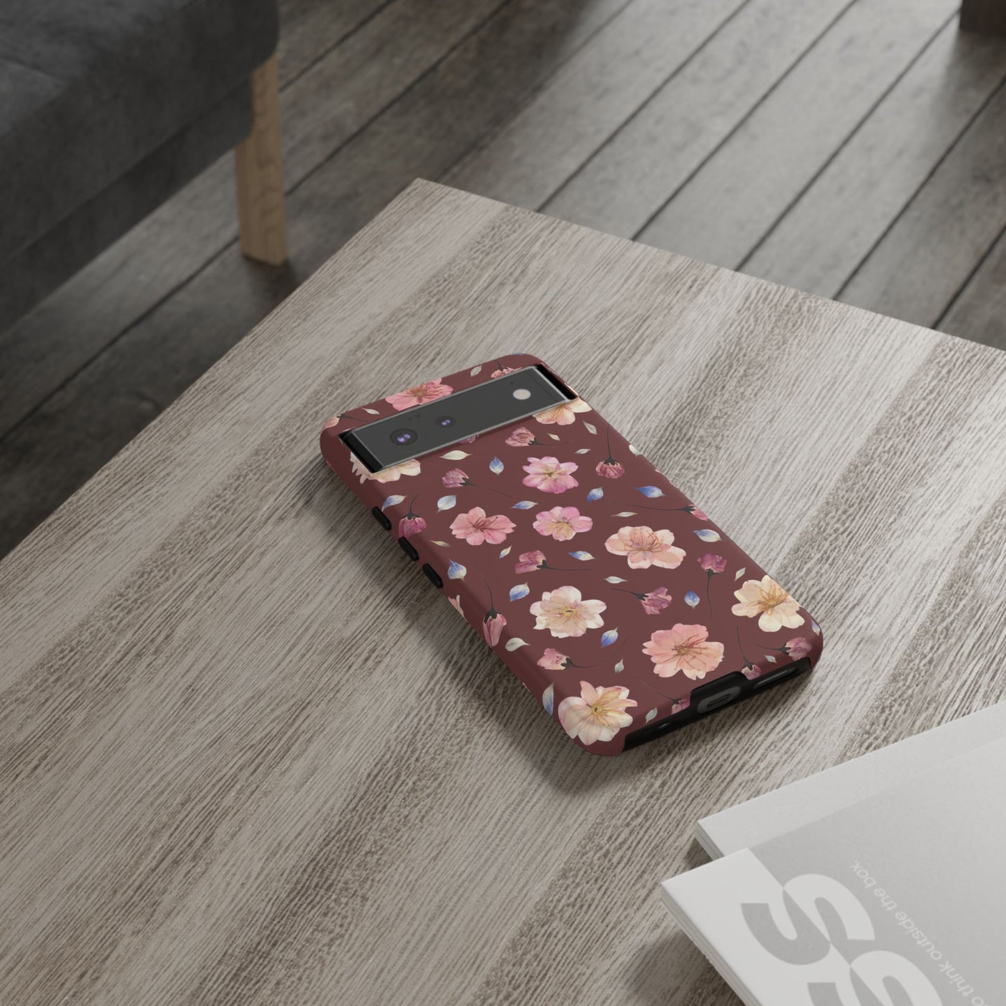 Coque Téléphone Samsung, iPhone & Google Pixel Renforcée Mate – Design Floral Fleurs de Cerisier sur Fond Bordeaux | Protection Antichoc | Idée Cadeau Pour Elle