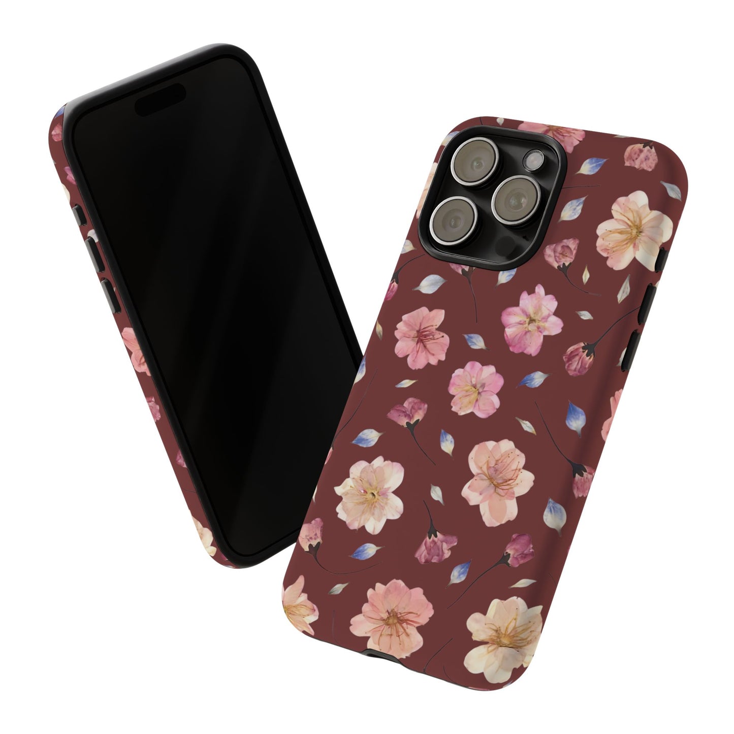 Coque Téléphone Samsung, iPhone & Google Pixel Renforcée Mate – Design Floral Fleurs de Cerisier sur Fond Bordeaux | Protection Antichoc | Idée Cadeau Pour Elle