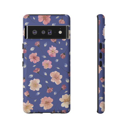 Coque Téléphone Samsung, iPhone & Google Pixel Renforcée Mate – Design Floral Fleurs de Cerisier sur Fond Bleu Encre | Protection Antichoc | Idée Cadeau Pour Elle