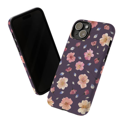 Coque Téléphone Samsung, iPhone & Google Pixel Renforcée Mate – Design Floral Fleurs de Cerisier sur Fond Couleur Prune | Protection Antichoc | Idée Cadeau Femme