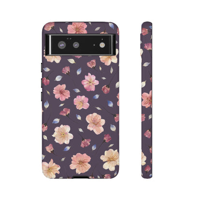Coque Téléphone Samsung, iPhone & Google Pixel Renforcée Mate – Design Floral Fleurs de Cerisier sur Fond Couleur Prune | Protection Antichoc | Idée Cadeau Femme