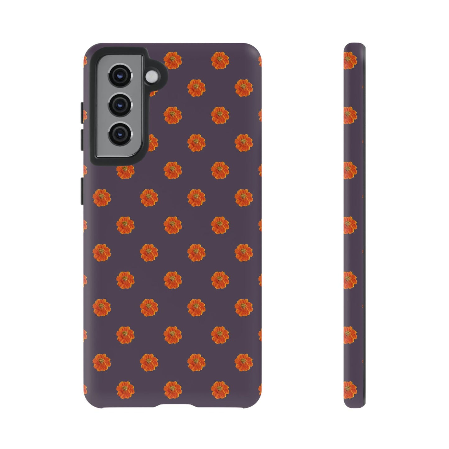 Coque Téléphone Samsung, iPhone & Google Pixel Renforcée Mate – Design Floral Epuré Fleurs de Cosmos Orange sur Fond Couleur Prune | Protection Antichoc | Idée Cadeau Femme