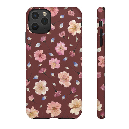 Coque Téléphone Samsung, iPhone & Google Pixel Renforcée Mate – Design Floral Fleurs de Cerisier sur Fond Bordeaux | Protection Antichoc | Idée Cadeau Pour Elle
