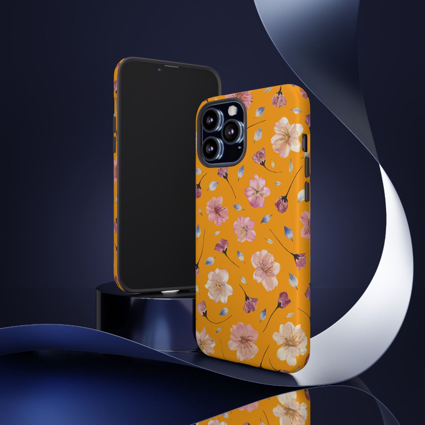 Coque Téléphone Samsung, iPhone & Google Pixel Renforcée Mate – Design Floral Fleurs de Cerisier sur Fond Couleur Curcuma| Protection Antichoc | Idée Cadeau Femme