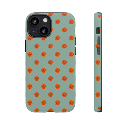 Coque Téléphone Samsung, iPhone & Google Pixel Renforcée Mate – Design Floral Epuré Fleurs de Cosmos Orange sur Fond Vert Eucalyptus | Protection Antichoc | Idée Cadeau Femme