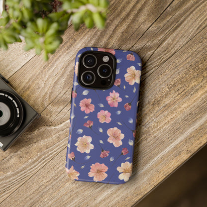 Coque Téléphone Samsung, iPhone & Google Pixel Renforcée Mate – Design Floral Fleurs de Cerisier sur Fond Bleu Encre | Protection Antichoc | Idée Cadeau Pour Elle