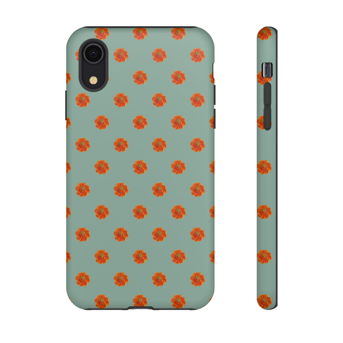 Coque Téléphone Samsung, iPhone & Google Pixel Renforcée Mate – Design Floral Epuré Fleurs de Cosmos Orange sur Fond Vert Eucalyptus | Protection Antichoc | Idée Cadeau Femme