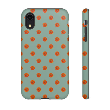 Coque Téléphone Samsung, iPhone & Google Pixel Renforcée Mate – Design Floral Epuré Fleurs de Cosmos Orange sur Fond Vert Eucalyptus | Protection Antichoc | Idée Cadeau Femme