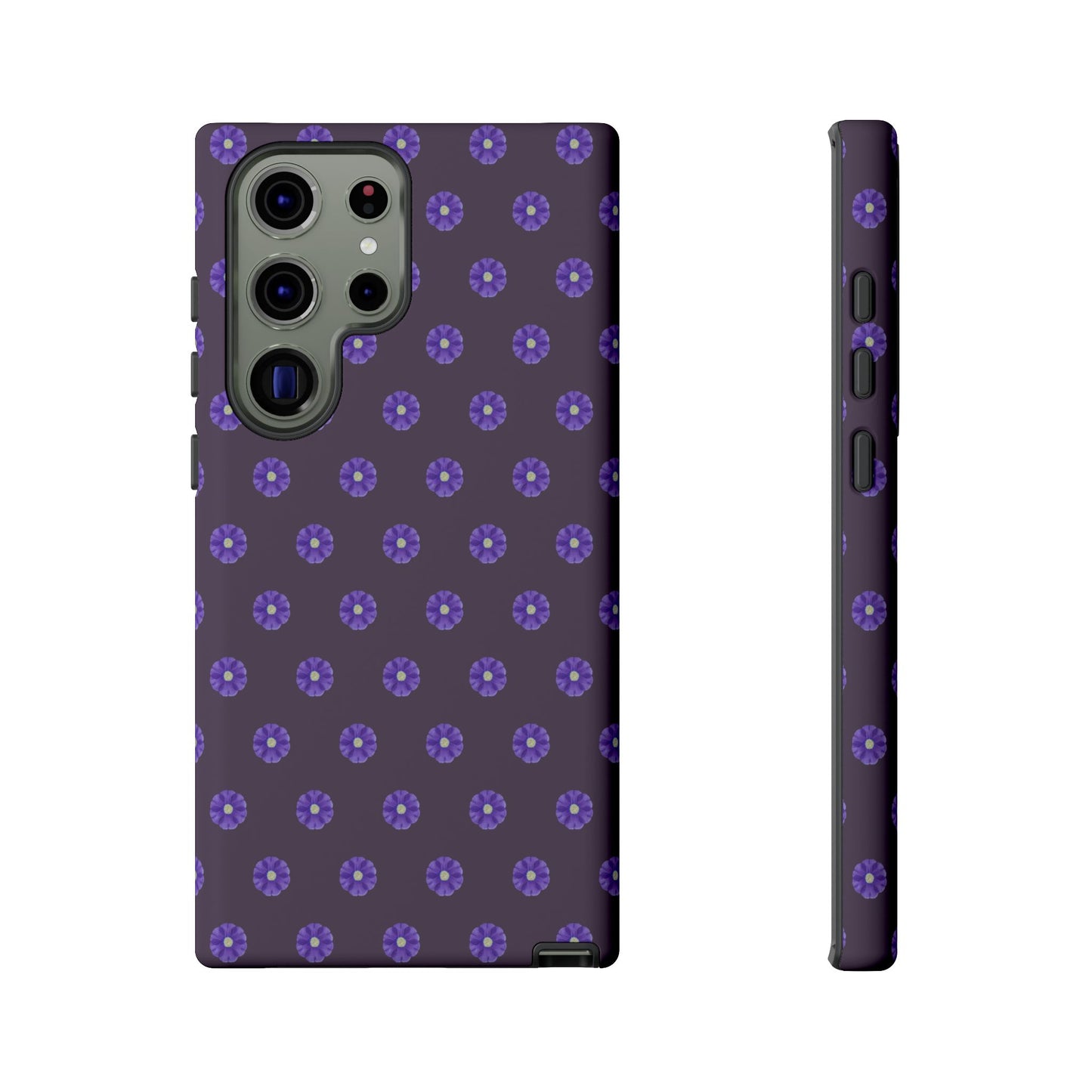 Coque Téléphone Samsung, iPhone & Google Pixel Renforcée Mate – Design Floral Epuré Fleurs de Primevère sur Fond Couleur Prune| Protection Antichoc | Idée Cadeau Femme