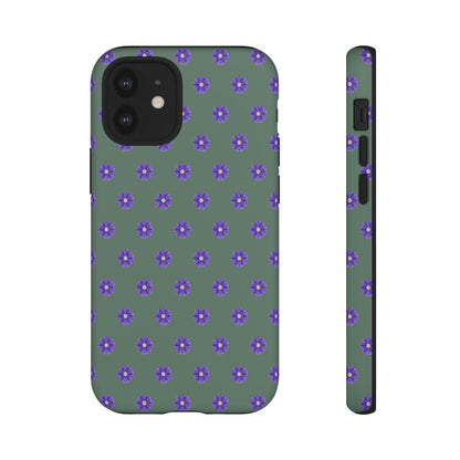 Coque Téléphone Samsung, iPhone & Google Pixel Renforcée Mate – Design Floral Epuré Fleurs de Primevère sur Fond Vert Minéral | Protection Antichoc | Idée Cadeau Femme