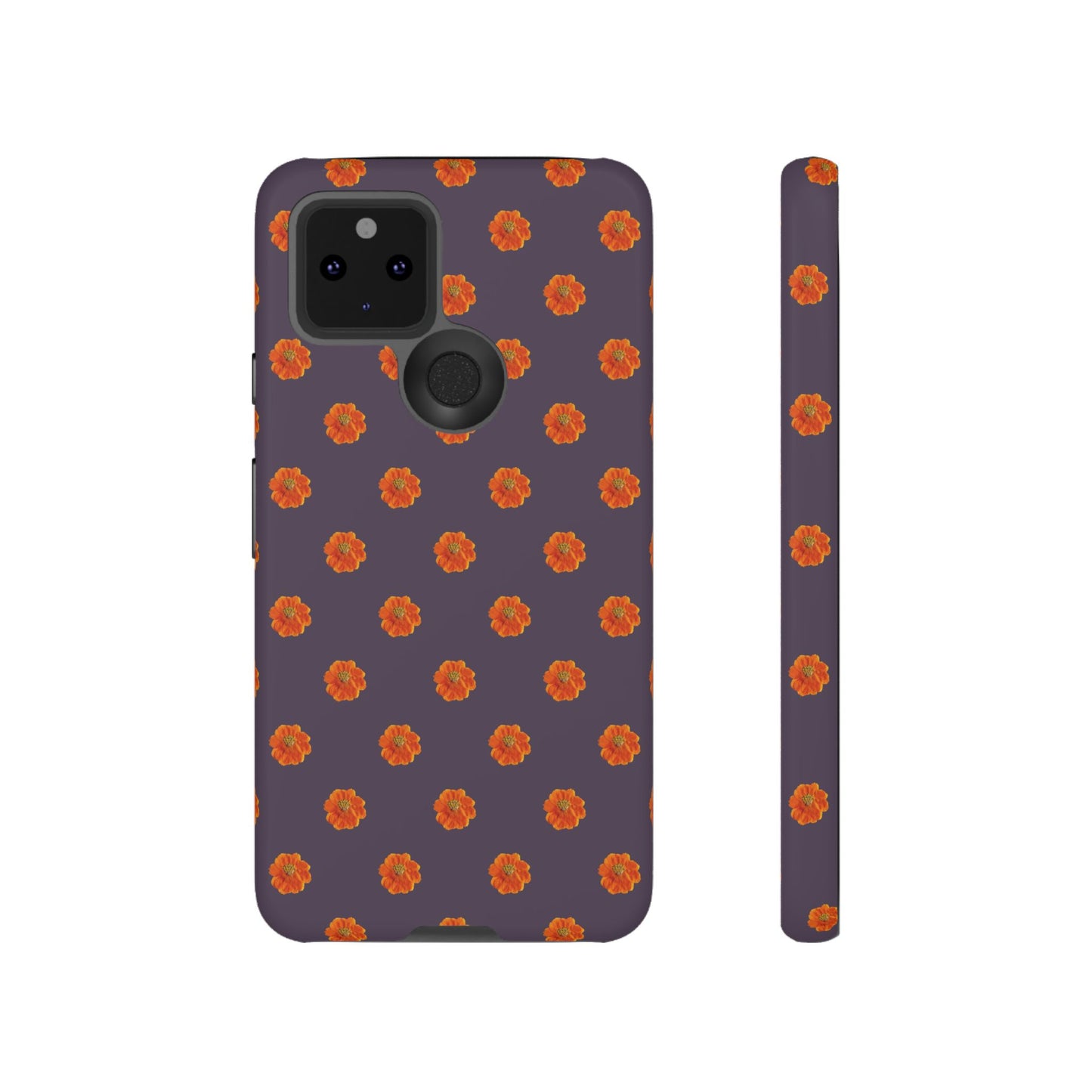 Coque Téléphone Samsung, iPhone & Google Pixel Renforcée Mate – Design Floral Epuré Fleurs de Cosmos Orange sur Fond Couleur Prune | Protection Antichoc | Idée Cadeau Femme