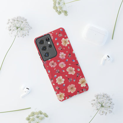 Coque Téléphone Samsung, iPhone & Google Pixel Renforcée Mate – Design Floral Fleurs de Cerisier sur Fond Rouge Féminin | Protection Antichoc | Idée Cadeau Femme