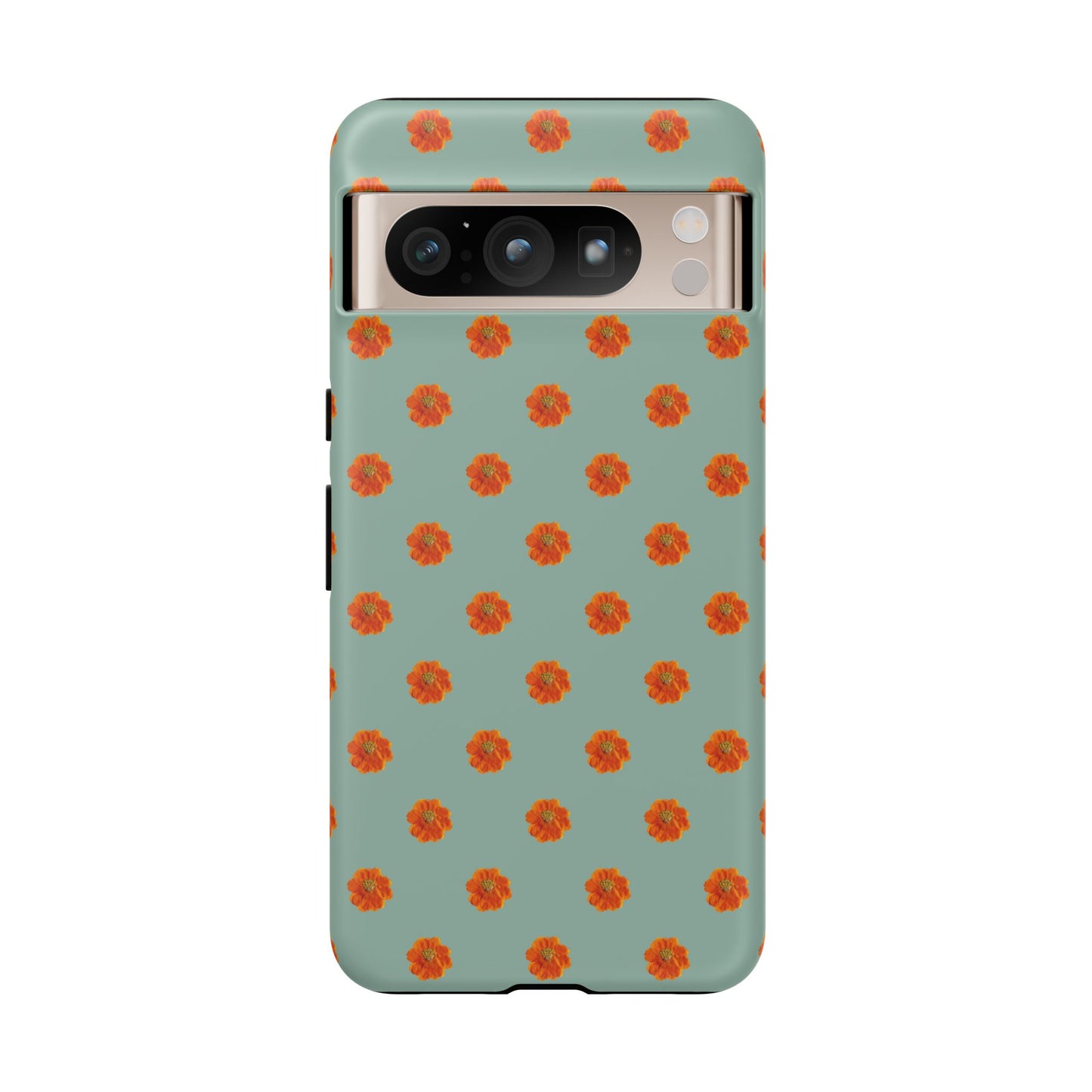 Coque Téléphone Samsung, iPhone & Google Pixel Renforcée Mate – Design Floral Epuré Fleurs de Cosmos Orange sur Fond Vert Eucalyptus | Protection Antichoc | Idée Cadeau Femme