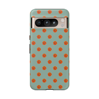 Coque Téléphone Samsung, iPhone & Google Pixel Renforcée Mate – Design Floral Epuré Fleurs de Cosmos Orange sur Fond Vert Eucalyptus | Protection Antichoc | Idée Cadeau Femme