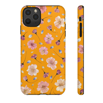 Coque Téléphone Samsung, iPhone & Google Pixel Renforcée Mate – Design Floral Fleurs de Cerisier sur Fond Couleur Curcuma| Protection Antichoc | Idée Cadeau Femme
