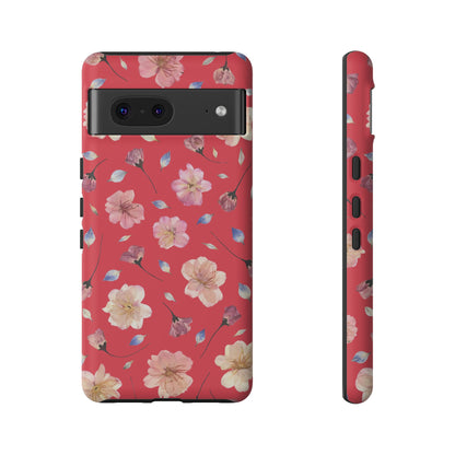 Coque Téléphone Samsung, iPhone & Google Pixel Renforcée Mate – Design Floral Fleurs de Cerisier sur Fond Rouge Féminin | Protection Antichoc | Idée Cadeau Femme