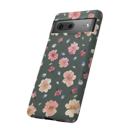 Coque Téléphone Samsung, iPhone & Google Pixel Renforcée Mate – Design Floral Fleurs de Cerisier sur Fond Verte Minéral | Protection Antichoc | Idée Cadeau Femme