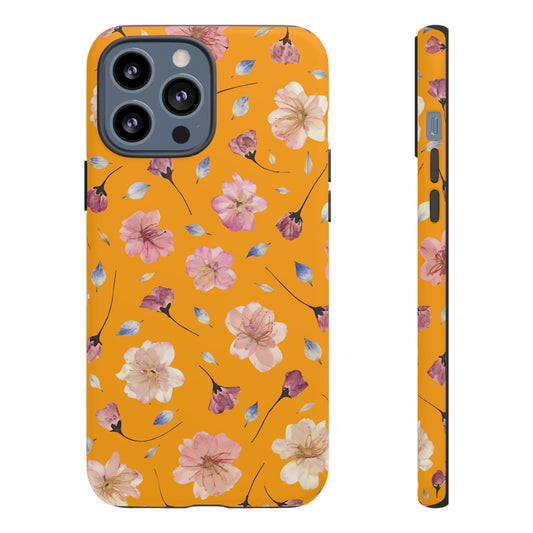 Coque Téléphone Samsung, iPhone & Google Pixel Renforcée Mate – Design Floral Fleurs de Cerisier sur Fond Couleur Curcuma| Protection Antichoc | Idée Cadeau Femme