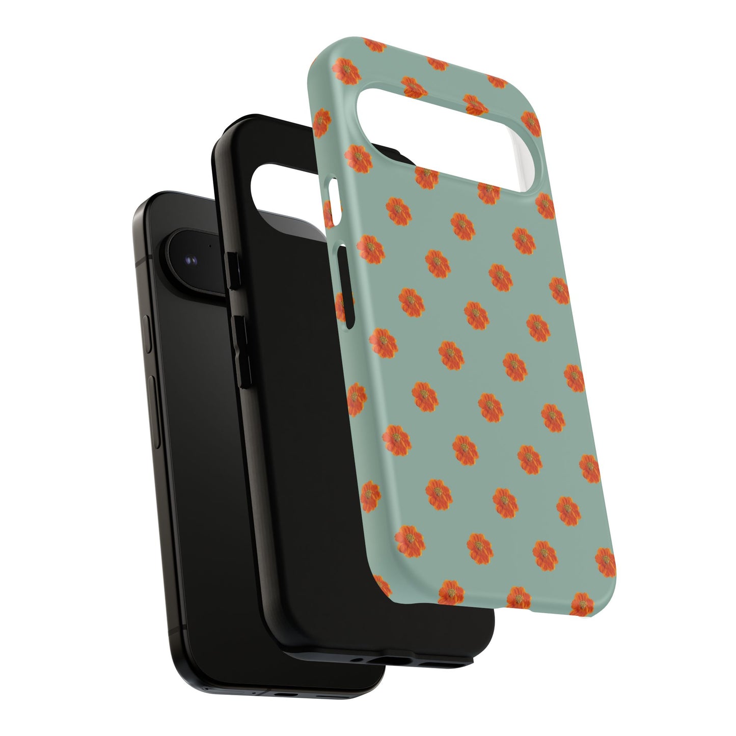 Coque Téléphone Samsung, iPhone & Google Pixel Renforcée Mate – Design Floral Epuré Fleurs de Cosmos Orange sur Fond Vert Eucalyptus | Protection Antichoc | Idée Cadeau Femme