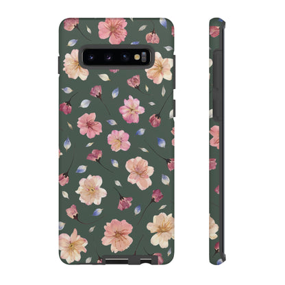 Coque Téléphone Samsung, iPhone & Google Pixel Renforcée Mate – Design Floral Fleurs de Cerisier sur Fond Verte Minéral | Protection Antichoc | Idée Cadeau Femme