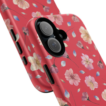 Coque Téléphone Samsung, iPhone & Google Pixel Renforcée Mate – Design Floral Fleurs de Cerisier sur Fond Rouge Féminin | Protection Antichoc | Idée Cadeau Femme