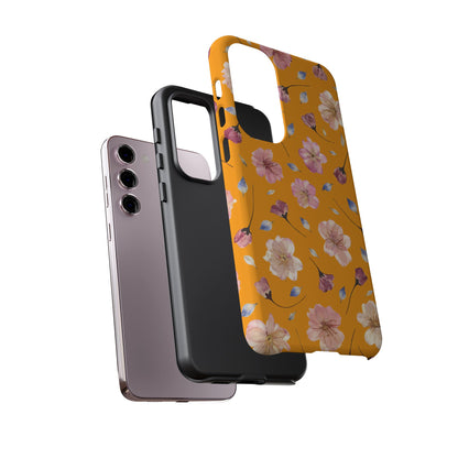 Coque Téléphone Samsung, iPhone & Google Pixel Renforcée Mate – Design Floral Fleurs de Cerisier sur Fond Couleur Curcuma| Protection Antichoc | Idée Cadeau Femme