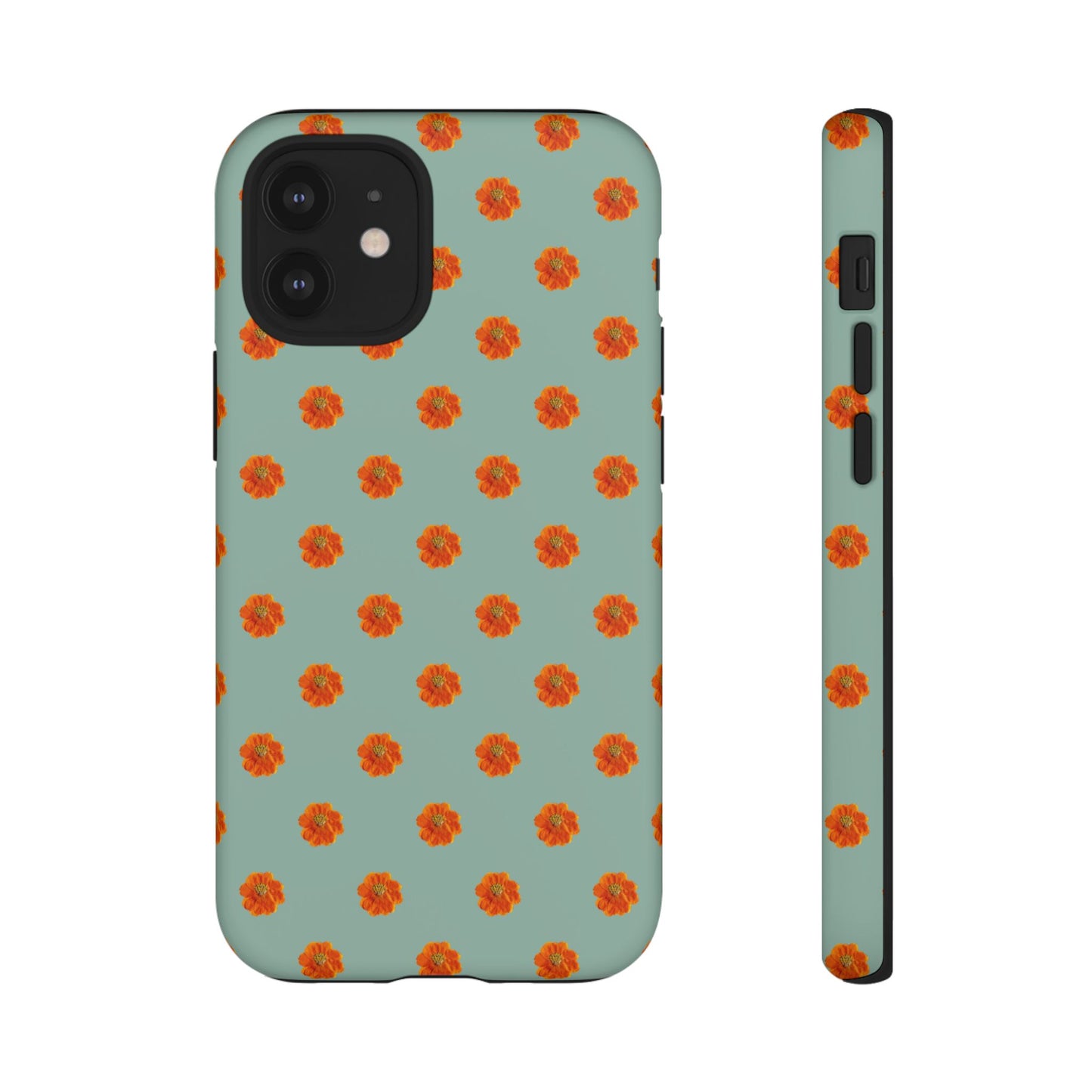 Coque Téléphone Samsung, iPhone & Google Pixel Renforcée Mate – Design Floral Epuré Fleurs de Cosmos Orange sur Fond Vert Eucalyptus | Protection Antichoc | Idée Cadeau Femme