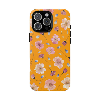 Coque Téléphone Samsung, iPhone & Google Pixel Renforcée Mate – Design Floral Fleurs de Cerisier sur Fond Couleur Curcuma| Protection Antichoc | Idée Cadeau Femme