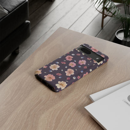 Coque Téléphone Samsung, iPhone & Google Pixel Renforcée Mate – Design Floral Fleurs de Cerisier sur Fond Couleur Prune | Protection Antichoc | Idée Cadeau Femme