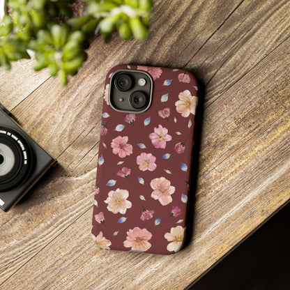 Coque Téléphone Samsung, iPhone & Google Pixel Renforcée Mate – Design Floral Fleurs de Cerisier sur Fond Bordeaux | Protection Antichoc | Idée Cadeau Pour Elle
