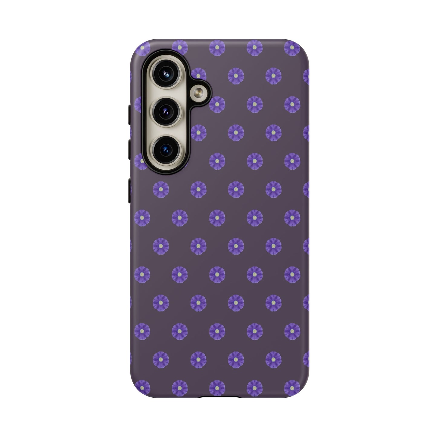 Coque Téléphone Samsung, iPhone & Google Pixel Renforcée Mate – Design Floral Epuré Fleurs de Primevère sur Fond Couleur Prune| Protection Antichoc | Idée Cadeau Femme