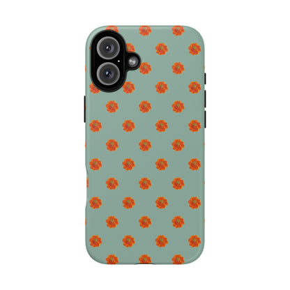 Coque Téléphone Samsung, iPhone & Google Pixel Renforcée Mate – Design Floral Epuré Fleurs de Cosmos Orange sur Fond Vert Eucalyptus | Protection Antichoc | Idée Cadeau Femme