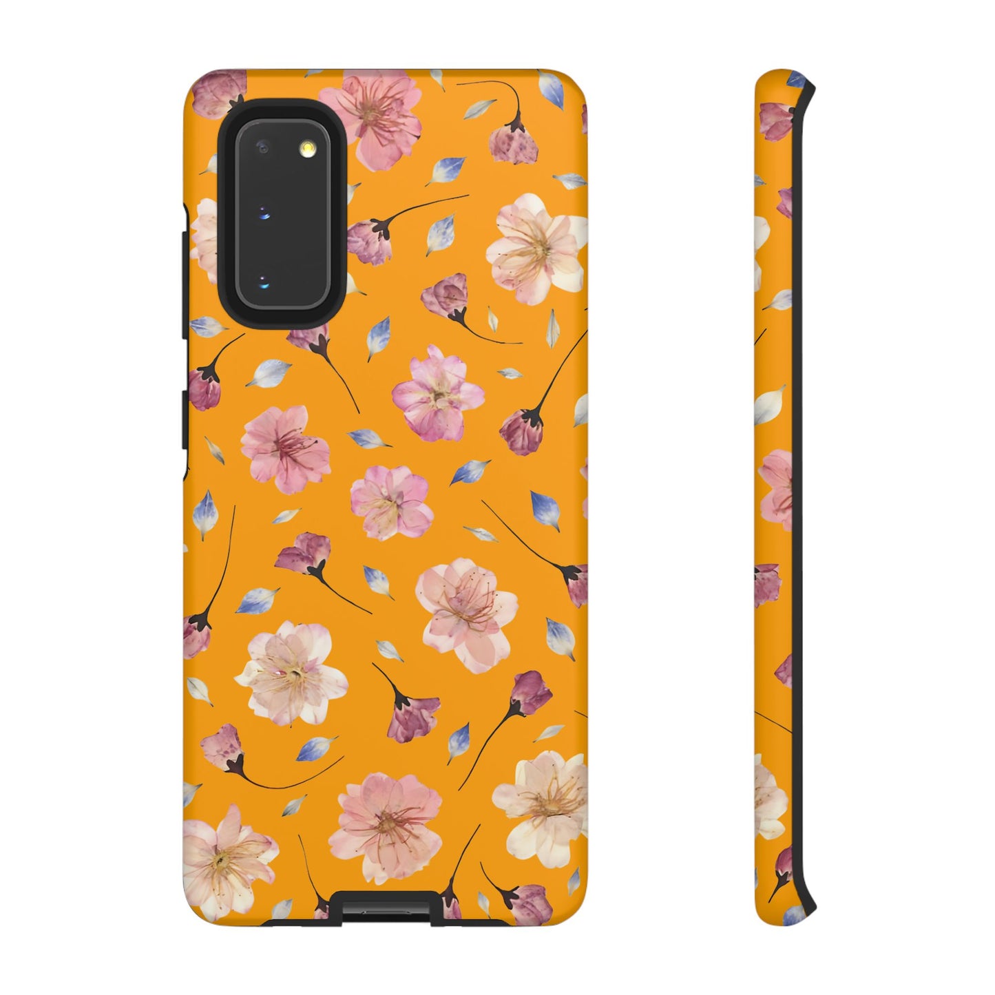 Coque Téléphone Samsung, iPhone & Google Pixel Renforcée Mate – Design Floral Fleurs de Cerisier sur Fond Couleur Curcuma| Protection Antichoc | Idée Cadeau Femme