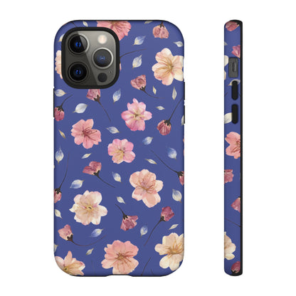 Coque Téléphone Samsung, iPhone & Google Pixel Renforcée Mate – Design Floral Fleurs de Cerisier sur Fond Bleu Encre | Protection Antichoc | Idée Cadeau Pour Elle