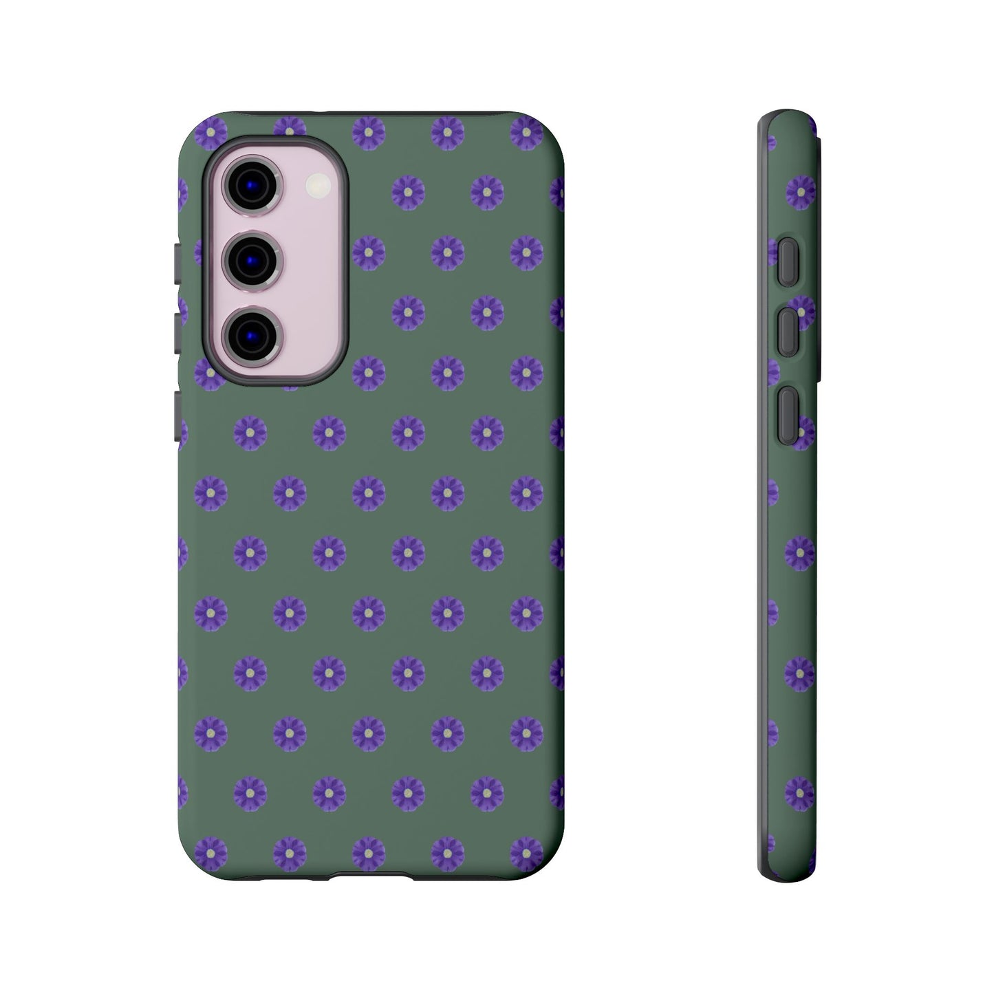 Coque Téléphone Samsung, iPhone & Google Pixel Renforcée Mate – Design Floral Epuré Fleurs de Primevère sur Fond Vert Minéral | Protection Antichoc | Idée Cadeau Femme