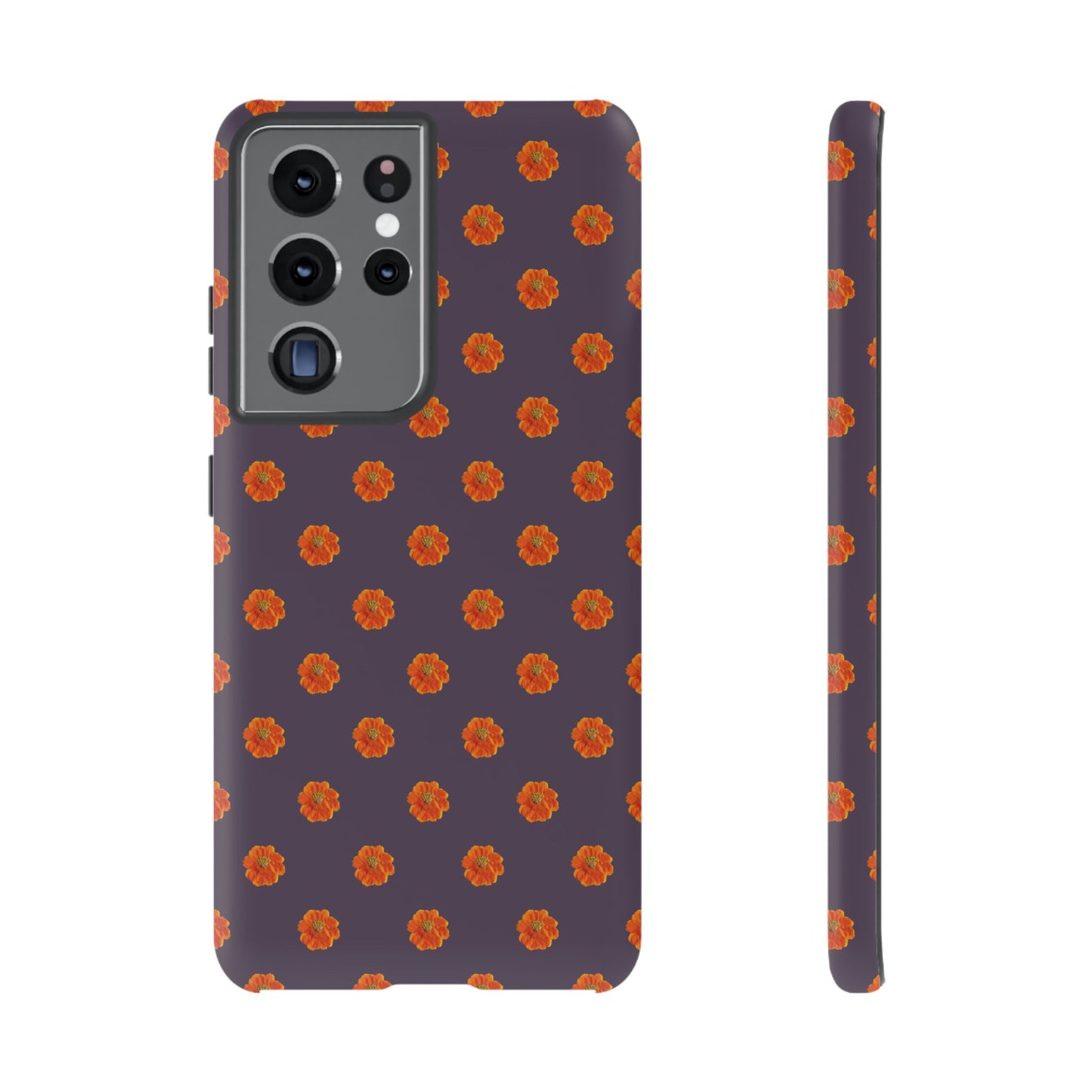 Coque Téléphone Samsung, iPhone & Google Pixel Renforcée Mate – Design Floral Epuré Fleurs de Cosmos Orange sur Fond Couleur Prune | Protection Antichoc | Idée Cadeau Femme