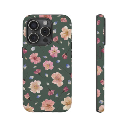 Coque Téléphone Samsung, iPhone & Google Pixel Renforcée Mate – Design Floral Fleurs de Cerisier sur Fond Verte Minéral | Protection Antichoc | Idée Cadeau Femme