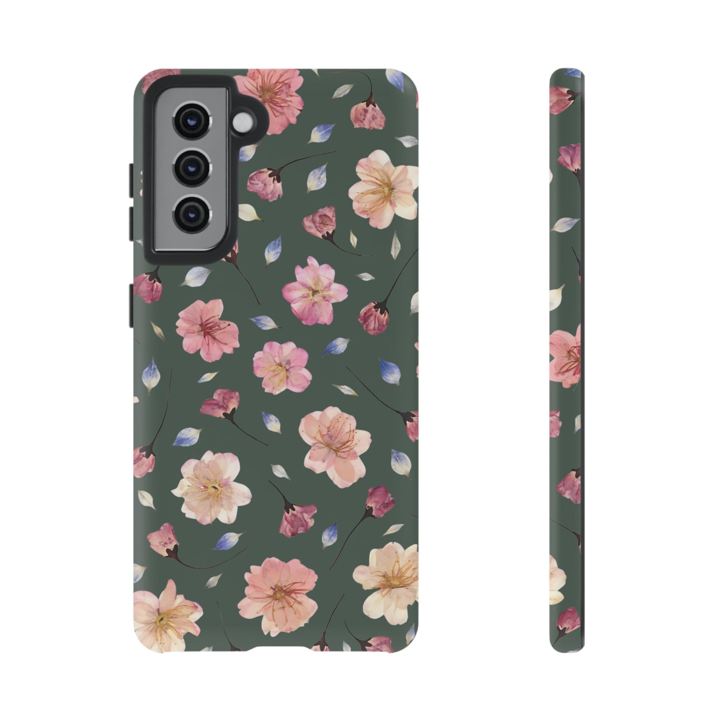 Coque Téléphone Samsung, iPhone & Google Pixel Renforcée Mate – Design Floral Fleurs de Cerisier sur Fond Verte Minéral | Protection Antichoc | Idée Cadeau Femme