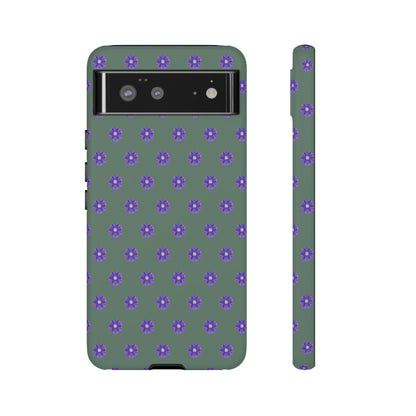 Coque Téléphone Samsung, iPhone & Google Pixel Renforcée Mate – Design Floral Epuré Fleurs de Primevère sur Fond Vert Minéral | Protection Antichoc | Idée Cadeau Femme