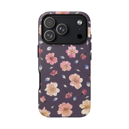 Coque Téléphone Samsung, iPhone & Google Pixel Renforcée Mate – Design Floral Fleurs de Cerisier sur Fond Couleur Prune | Protection Antichoc | Idée Cadeau Femme