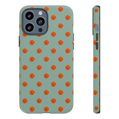 Coque Téléphone Samsung, iPhone & Google Pixel Renforcée Mate – Design Floral Epuré Fleurs de Cosmos Orange sur Fond Vert Eucalyptus | Protection Antichoc | Idée Cadeau Femme