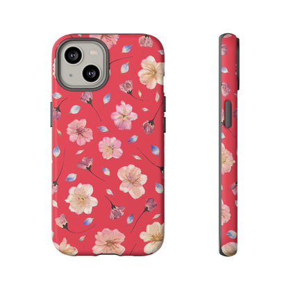 Coque Téléphone Samsung, iPhone & Google Pixel Renforcée Mate – Design Floral Fleurs de Cerisier sur Fond Rouge Féminin | Protection Antichoc | Idée Cadeau Femme