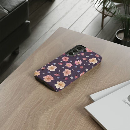 Coque Téléphone Samsung, iPhone & Google Pixel Renforcée Mate – Design Floral Fleurs de Cerisier sur Fond Couleur Prune | Protection Antichoc | Idée Cadeau Femme