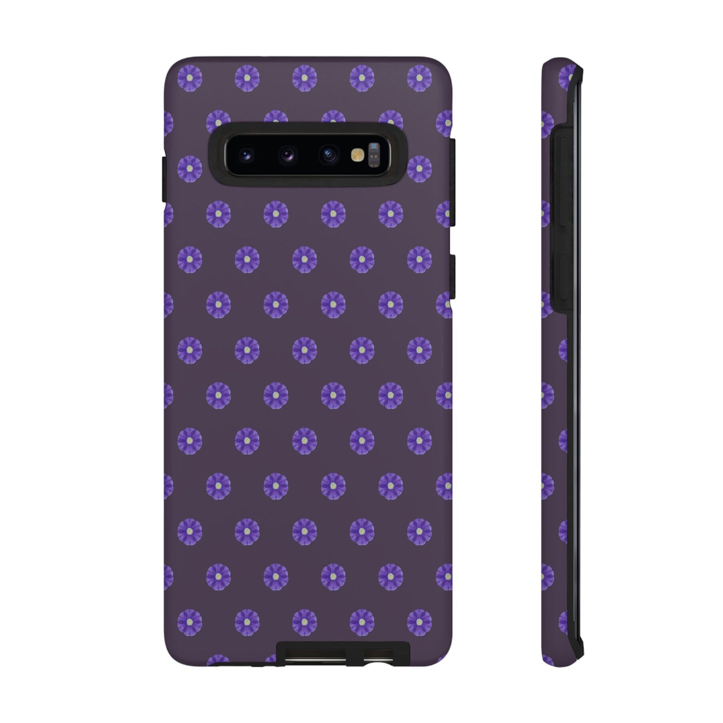 Coque Téléphone Samsung, iPhone & Google Pixel Renforcée Mate – Design Floral Epuré Fleurs de Primevère sur Fond Couleur Prune| Protection Antichoc | Idée Cadeau Femme