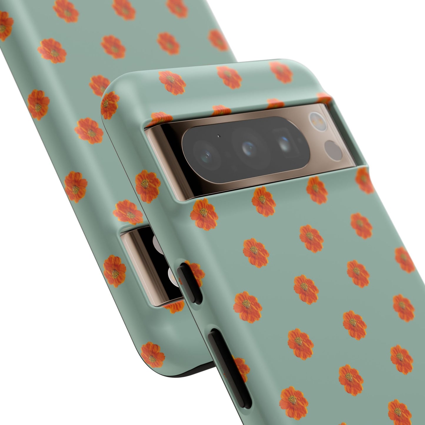 Coque Téléphone Samsung, iPhone & Google Pixel Renforcée Mate – Design Floral Epuré Fleurs de Cosmos Orange sur Fond Vert Eucalyptus | Protection Antichoc | Idée Cadeau Femme