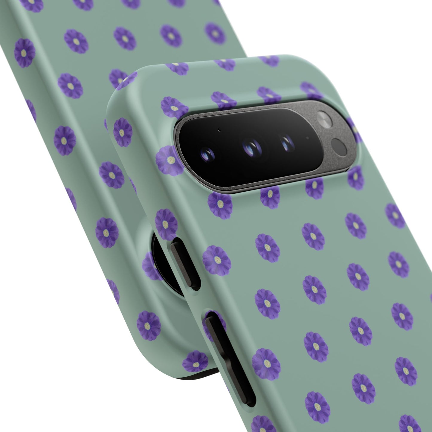 Coque Téléphone Samsung, iPhone & Google Pixel Renforcée Mate – Design Floral Epuré Fleurs de Primevère sur Fond Vert Eucalyptus | Protection Antichoc | Idée Cadeau Anniverssaire