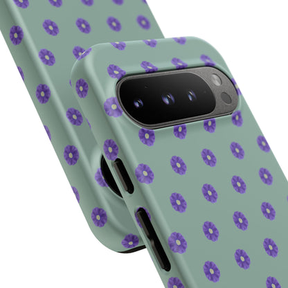 Coque Téléphone Samsung, iPhone & Google Pixel Renforcée Mate – Design Floral Epuré Fleurs de Primevère sur Fond Vert Eucalyptus | Protection Antichoc | Idée Cadeau Anniverssaire