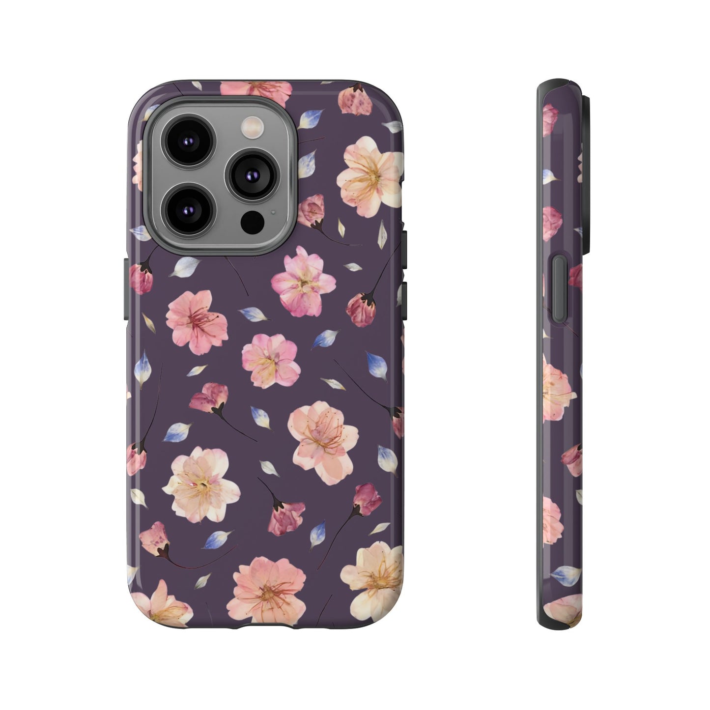 Coque Téléphone Samsung, iPhone & Google Pixel Renforcée Mate – Design Floral Fleurs de Cerisier sur Fond Couleur Prune | Protection Antichoc | Idée Cadeau Femme